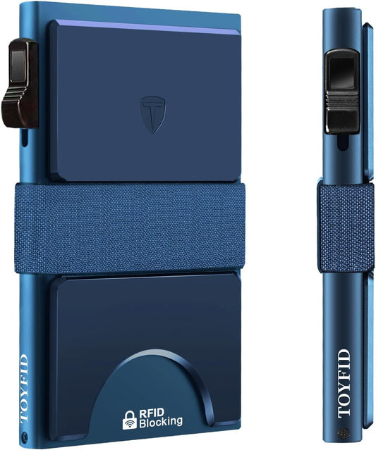 Slim Wallet for Men, Minimalist Pop Up Wallet, Metal Wallet, RFID Blocking Mens Wallets with Expandable Backplate & Cash Band, Holds 12+ Cards Plus Cash, Navy Blue