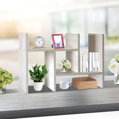 J.M.Deco Desktop Organizers and Storage for Office, Adjustable Desk Organizer Shelf Double H Display, True Natural Stand Shelf, Desktop Organizer White Wood Tone