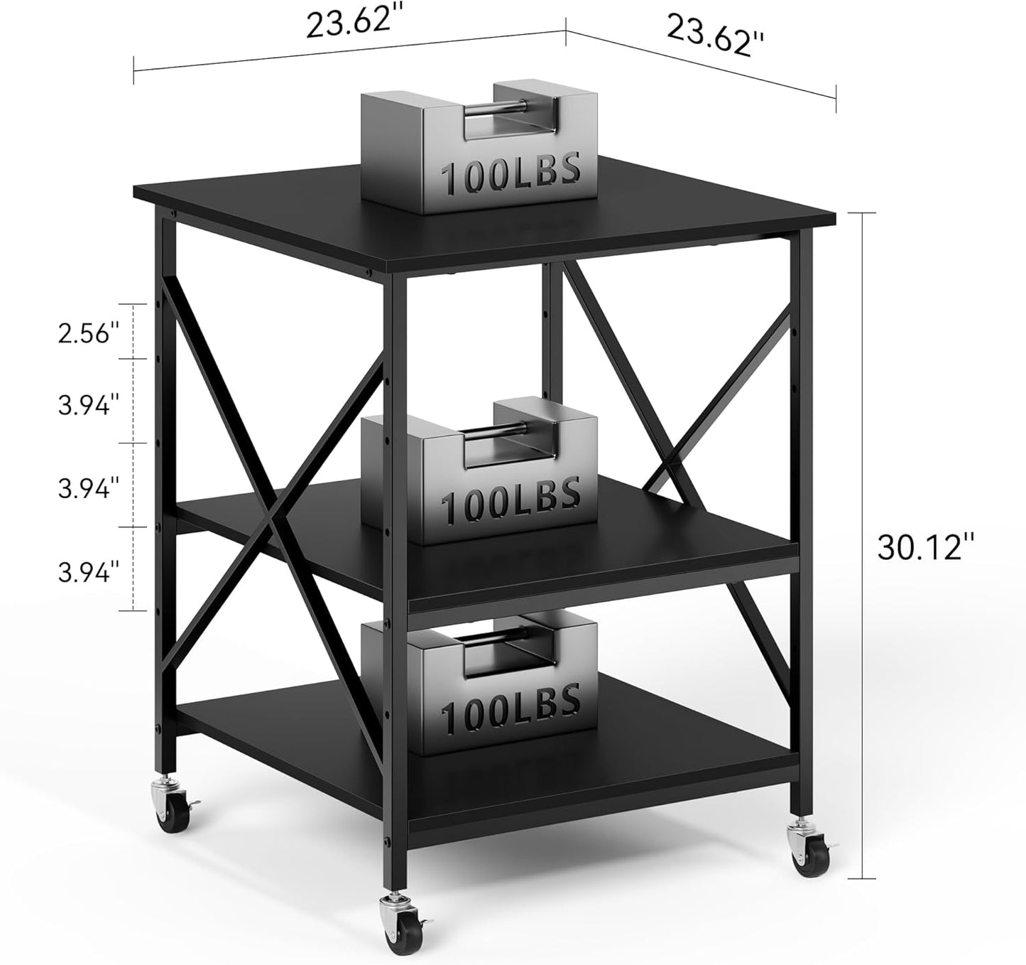 Warmiehomy 24"x24"x30" Large Printer Stand with Storage, 3 Tier Rolling Printer Cart Table, Mini Fridge Stand with Wheels, Use for 3D Laser Printer Home Office, Black