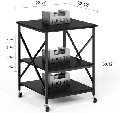Warmiehomy 24"x24"x30" Large Printer Stand with Storage, 3 Tier Rolling Printer Cart Table, Mini Fridge Stand with Wheels, Use for 3D Laser Printer Home Office, Black