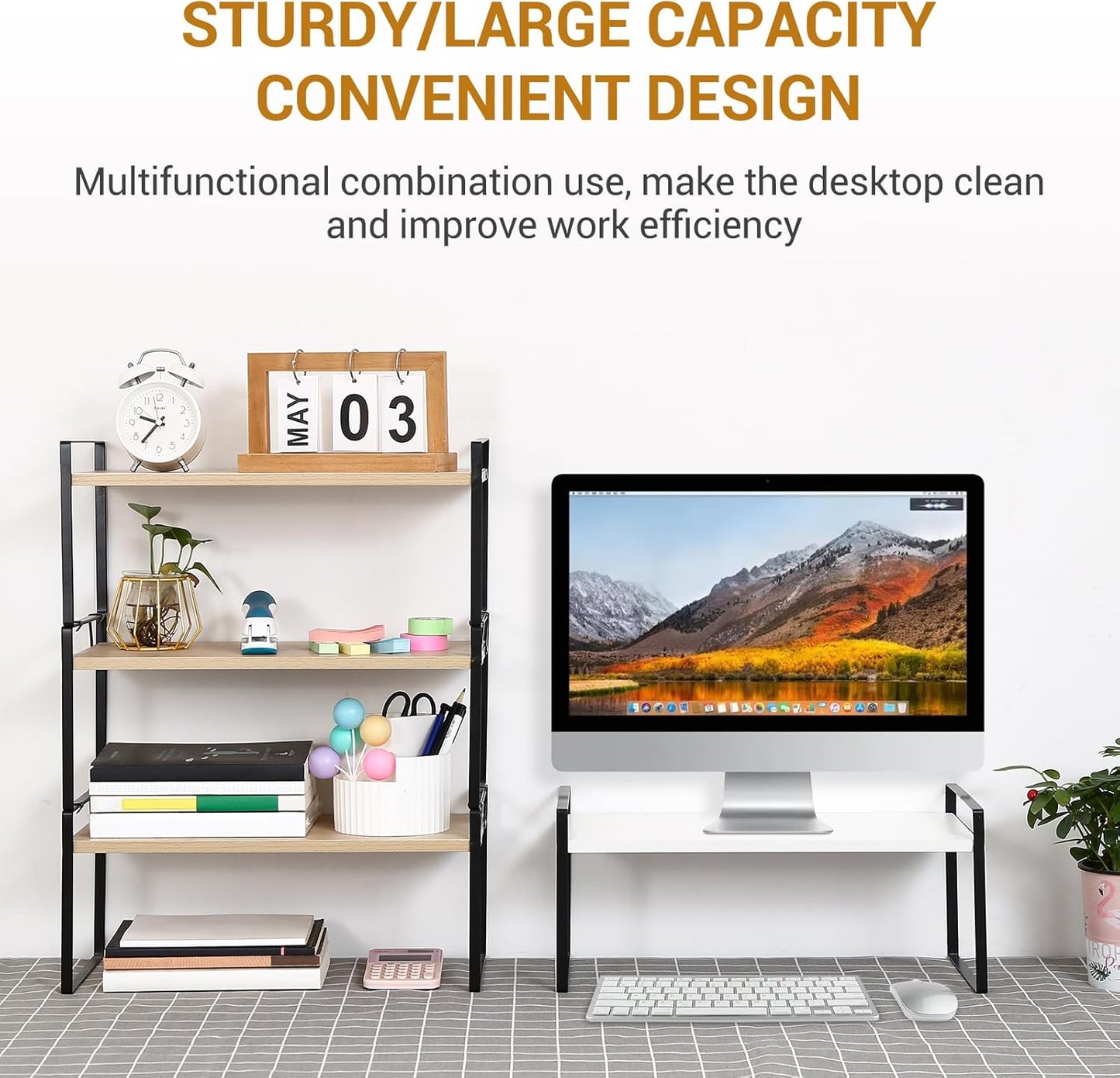 YGYQZ Wood Office Desk Shelf Organizer - Desktop Supplies Cute Dresser Top Organization Storage Rack and Cubicle Decor Aesthetic Bookshelf for Women Man and Kids (Black White-Single Tier)