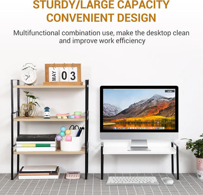 YGYQZ Wood Office Desk Shelf Organizer - Desktop Supplies Cute Dresser Top Organization Storage Rack and Cubicle Decor Aesthetic Bookshelf for Women Man and Kids (Black White-Single Tier)