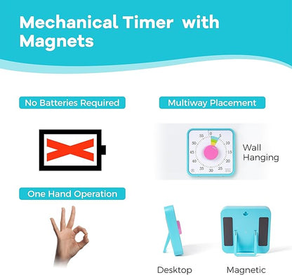 TWENTY5 SEVEN Countdown Timer 7.5 inch; 60 Minute 1 Hour Visual Timer – Classroom Teaching Tool Office Meeting, Mechanical Countdown Clock for Kids Exam Time Management Magnetic, Macaron Sky Blue