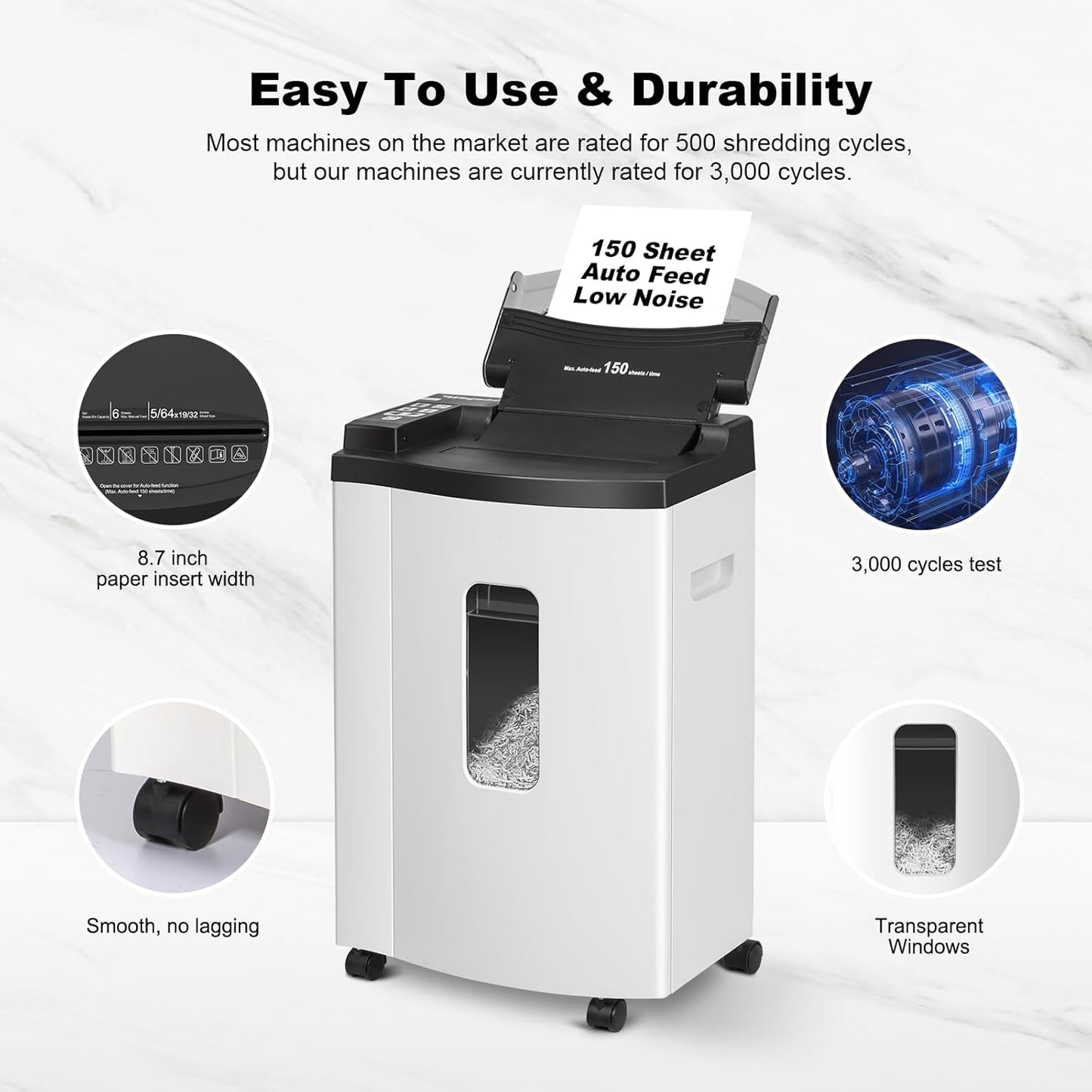 150 Sheet Auto-Feed Paper Shredder, Micro Cut P-5 Super High Security (5/64 x 19/32 inches), Large 6-Gallon Bin, 20 Mins Continuous Run, 55dB Ultra-Quiet for Home Office Use, White