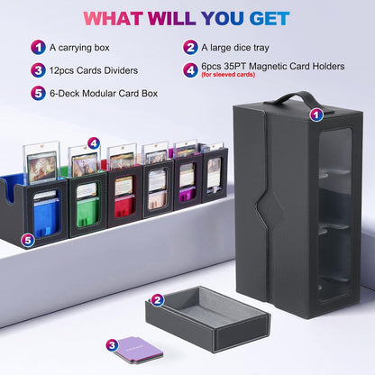 Commander Deck Box for MTG, 6-Deck Modular Card Case with Dice Tray Hold 600+ Double-sleeved Cards, Removable Trading Cards Storage Box with 35PT Magnetic Card Holders for TCG, Multicolour