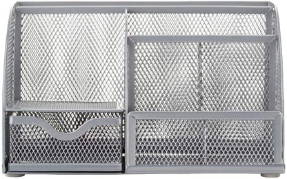 Annova Mesh Desk Organizer Office with 7 Compartments + Drawer/Desk Tidy Candy/Pen Holder/Multifunctional Organizer (Silver)