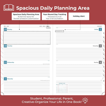 Weekly Monthly 2026 Planner (Jan.26-Dec.26),11.5"x8.5",12 Months Agenda Plan with Month Tabs & Pocket,Expenses/Note Pages, Appointment Book Calendar with Hardcover Vegan Leather Cover,Red