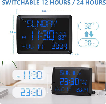 Raynic Digital Clock, 11.5" Large Display Calendar Clock with Day and Date, Indoor Temperature, Adjustable Brightness, Snooze,12/24H, DST for Home, Office, Elderly