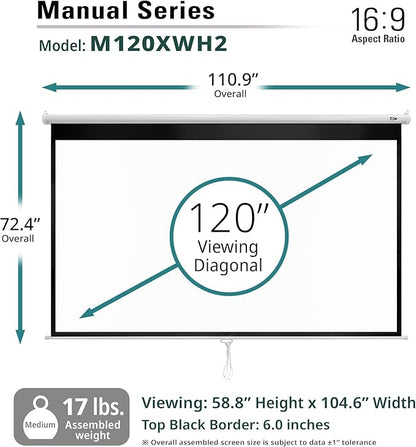 Elite Screens Manual Series, 120-INCH 16:9, Pull Down Manual Projector Screen with AUTO LOCK, Movie Home Theater 8K / 4K Ultra HD 3D Ready, 2-YEAR WARRANTY, M120XWH2