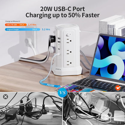 Long Surge Protector Power Strip 16 FT Cord, PD20W USB C Power Strip Tower with Night Light, Extension Cord with Multiple Outlets with 4 USB Ports, PASSUS Charging Station Home Office Essentials White
