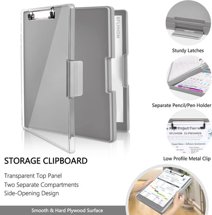Clipboard with Storage,Heavy Duty Clip Boards 8.5x11 with 2 Storage Case,Clear Visible Top Panel Storage Clipboards,Side Opening Clip Boards,Nursing Clipboard Folder Case for Office Supplies-Gray