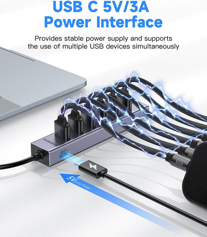 7 Port USB Hub USB Ethernet HUB with 3.9ft Long Cable for Laptop, USB Splitter with Gigabit Ethernet Port and 5V/3A Power Port, MultiPort Aluminum Expander for Laptop, iMac, PC, Flash Drives