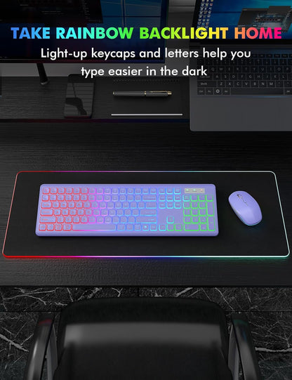 Wireless Keyboard and Mouse Combo, RGB Backlit, Rechargeable & Light Up Letters, Full-Size, Ergonomic Tilt Angle, Sleep Mode, 2.4GHz Quiet Keyboard Mouse for Mac, Windows, Laptop, PC, Trueque(Purple)