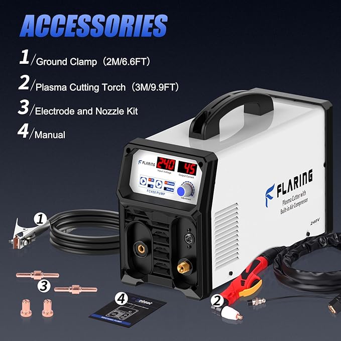 FLARING 240V Plasma Cutter With Built In Air Compressor 45A IGBT Inverter Digital Plasma Cutting Machine, 3/8 Inch Clean Cut And 5/8 Inch Max Cut High Frequency (No External Compressor Needed)