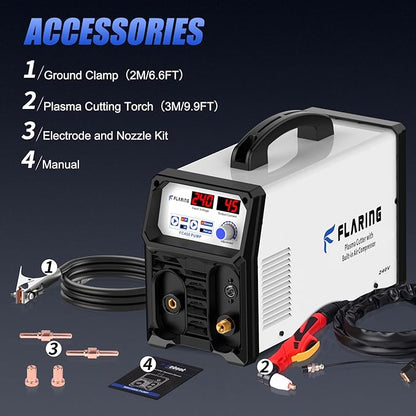 FLARING 240V Plasma Cutter With Built In Air Compressor 45A IGBT Inverter Digital Plasma Cutting Machine, 3/8 Inch Clean Cut And 5/8 Inch Max Cut High Frequency (No External Compressor Needed)