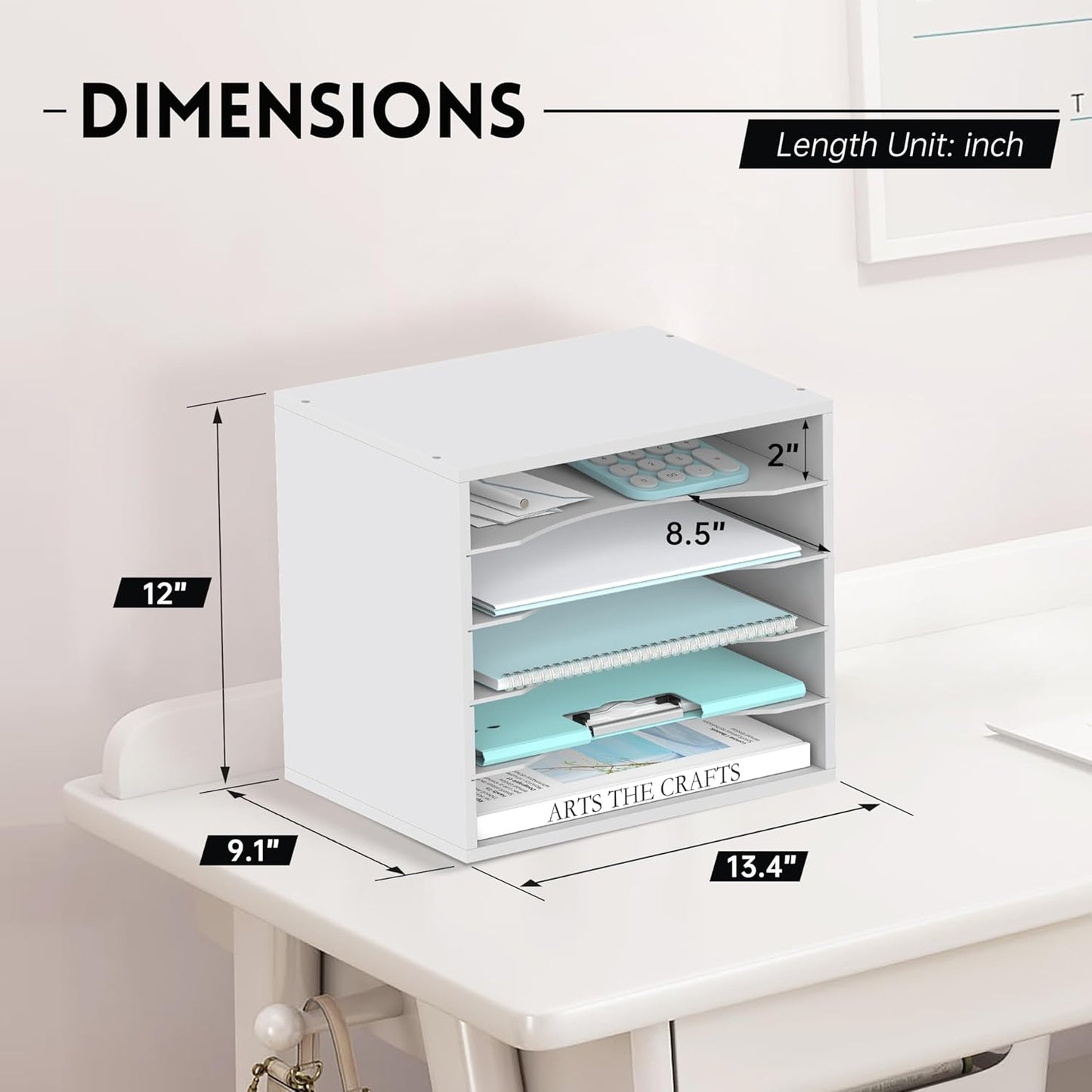 SUPEASY Wood Desk Organizer, 5 Tier Paper File Organizer for Desk, Wooden Desktop Organizer, Paper Letter Literature Mail Sorter, for Office School & Home Organization, White