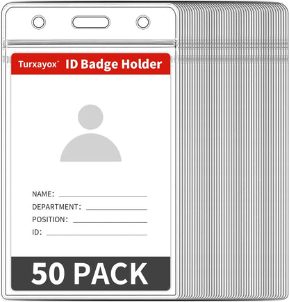 50 Pcs Clear ID Badge Holder, Vertical Plastic Name Tag Protector, Key Card Badge Holders with Waterproof Resealable Zipper for Nurses, Office, School and Lanyards Use