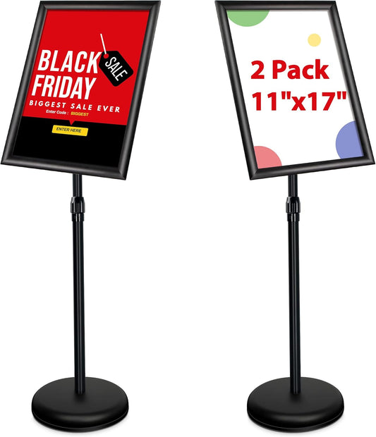 Heavy Duty Adjustable Pedestal Poster Sign Stand, 11x17 Aluminum Open Floor Standing Sign Holder for Vertical and Horizontal View Display. (2 Pack, Black)