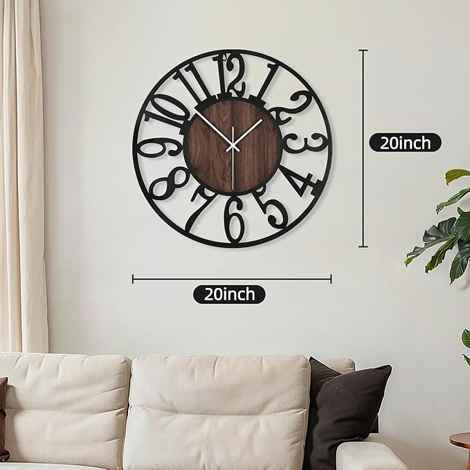 Maxstar Round Wall Clock for Living Room Decor Battery Operated Non Ticking Silent Vintage Black Metal Wood Clocks for Home Living Room Garden Farmhouse Office Kitchen Decoration -20 inch
