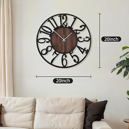 Maxstar Round Wall Clock for Living Room Decor Battery Operated Non Ticking Silent Vintage Black Metal Wood Clocks for Home Living Room Garden Farmhouse Office Kitchen Decoration -20 inch