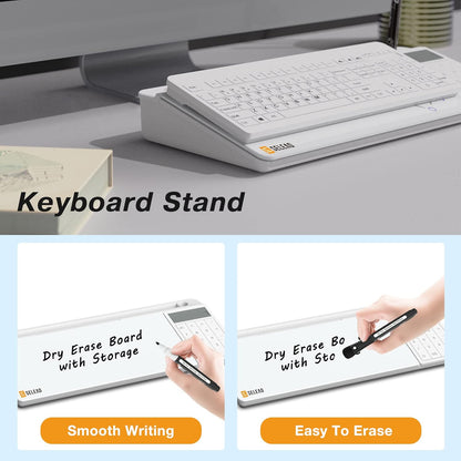 SELEAD Desktop Glass Whiteboard with Calculator, Organizer, Markers, Eraser, Holder - Small Dry Erase White Board Computer Pad Keyboard Stand Desk Drawer Accessories for Home, School, Office