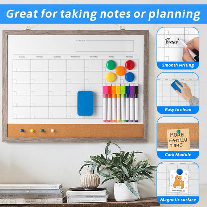Dry Erase Calendar Whiteboard, 17" x 13" Magnetic Whiteboard Cork Board Combo, Reusable Monthly Planner with 8 Markers, Eraser, Magnets and Push Pins to Hang Dry Erase Board for Home, School - Gray