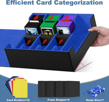 Mlikero Card Deck Case, 2400+ Trading Card Storage Box with 10 Colorful Dividers and 4 Foam Stoppers, Leather Magnetic Closure Commander Deck Box Fit for MTG, TCG (4 Rows, Black&Blue)