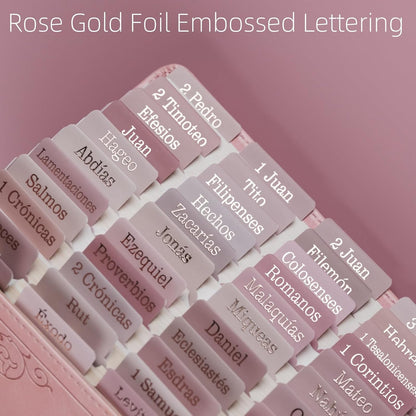 UPAFEXXI-Spanish Laminated Bible Tabs for Women and Men(Gold Foil Embossed Lettering) Pestañas de la Biblias, 80 Reposition Large Print tabs, Easy to Read and Apply(Pink)