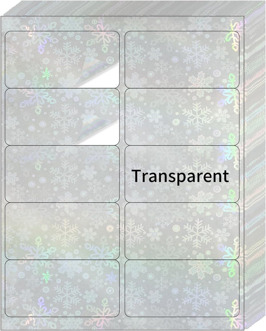 STARLIBOO Transparent Stickers Labels - 2" x 4" Clear Address Labels Mailing Stickers for Laser/Inkjet Printer 8.5"×11"- 20 Sheet (Clear Holographic Snowflake)