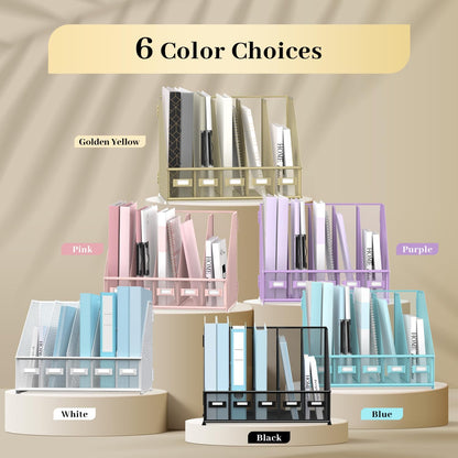 SUPEASY Desk Organizers Metal Desk Magazine File Holder with 5 Vertical Compartments Rack File Organizer for Office Desktop, Home Workspace, Golden Yellow