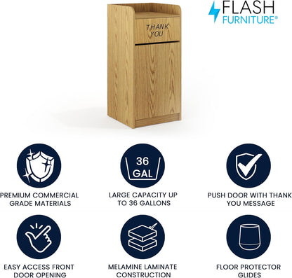 Flash Furniture Sony Laminate Wood Commercial-Grade Trash Receptacle with Tray Top, Wooden Restaurant Trash Can Cabinet and Garbage Receptacle, Oak