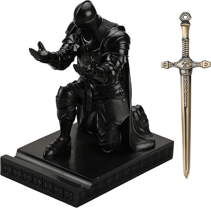 Medieval Armored Warrior Wearing Outerwear, Mobile Phone Stand Knight Pen Holder Desk Organizers, Resin Bookends Paperweight with a Letter Opener for Desk (Black)