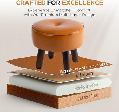 Small Foot Stool Ottoman, Round Pouf Foot Rest, Footstool Ottomans with Rubber Legs Under Desk, Faux Leather Footrest for Couch, Living Room, Bedroom, Hallway, Office, 13''L x 13''W x 10.2''H
