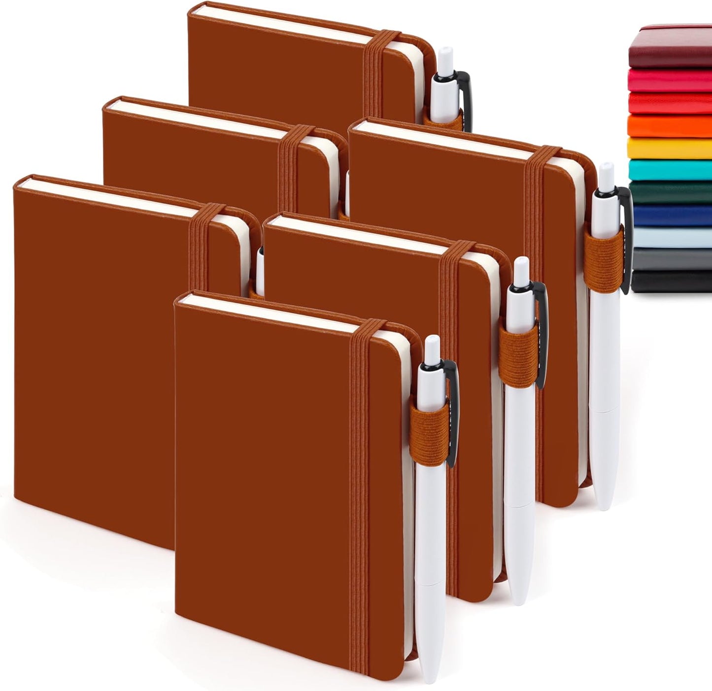 feela 6 Pack Pocket Mini Notebooks Bulk, Small Cute Memo Notepads Hardcover College Ruled Lined Journals with Pen Holder for School Business Work, with 6 Black Pens, 3.5”x 5.5”, A6, Brown
