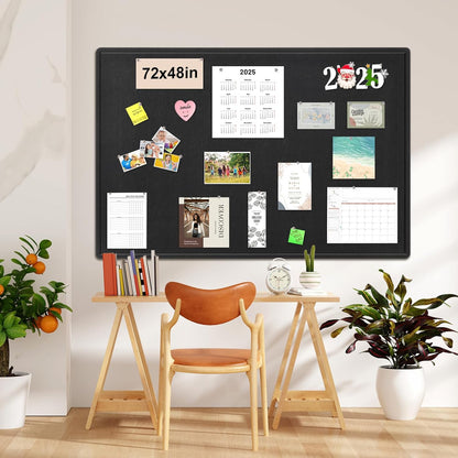 Large Bulletin Board - 72 x 48 Inches, Foldable Decorative Felt Board for Wall Photo Display Board with Self-Adhesive Tape, Includes 36 Push Pins - Black
