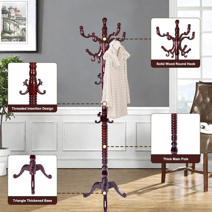 Solid Wood Coat Rack – 73" Freestanding Coat Racks Stand with 14 Hooks & Stable Base, Adjustable Height Modern Wooden Hall Tree for Entryway, Bedroom, Office, Home (Mahogany Triangle)
