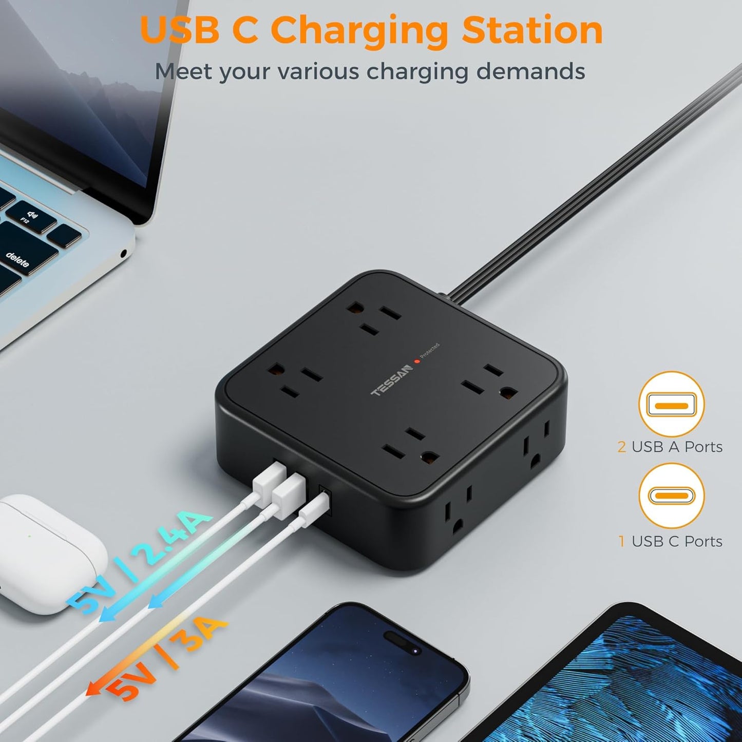 Power Strip Surge Protector 10 Ft Cord, TESSAN 8 AC Outlets 3 USB Charger (1 USB C Port), Thin Flat Extension Cord 10 Feet, Flat Plug, 900 Joules Protection, for Home, Office, Dorm Room Essentials