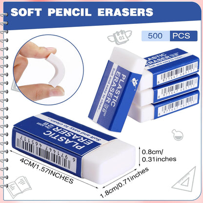 Yeaqee 500 Pcs White Pencil Erasers Bulk Soft Art Erasers School Pencil Erasers for Drawing Kids Student Artist Office Home Writing 1.57 x 0.71 x 0.31 Inch