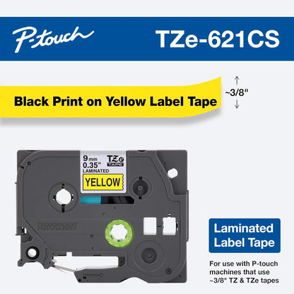 Brother Genuine P-touch, TZe-621CS, 0.35” x 26.2’, Black on Yellow Laminated Label Tape