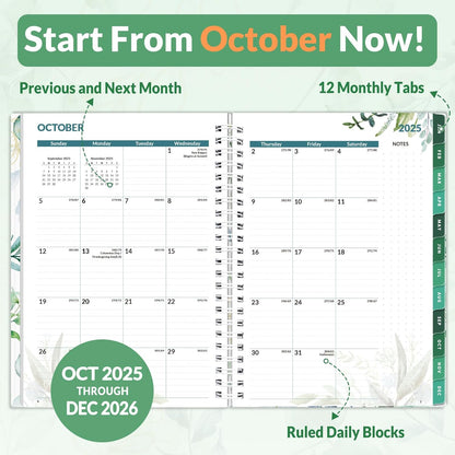 SUNEE 2026 Weekly and Monthly Planner - from January 2026 - December 2026, 6.4" x 8.3" Daily Agenda Planner with Monthly Tab, Flexible Cover, Note Pages, Pockets, Bookmark, Spiral Binding, Greenery