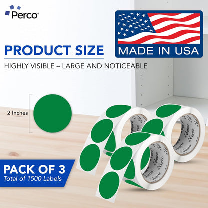 Perco Green 2-Inch Round Circle Dot Sticker Labels - Multi-Roll Pack (3 Rolls, 500 Labels Each) - Permanent Adhesive, Vibrant Colors, Strong Hold - Perforated for Easy Use - Made in USA