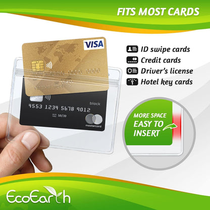 EcoEarth - Horizontal PVC Card Protector with Metal Clips and Vinyl Straps with Soft Edge - Sealable Fits 4x3 inch Inserts - Clear, 10 Pack - Waterproof ID Holder Bulk - ID Card Holder
