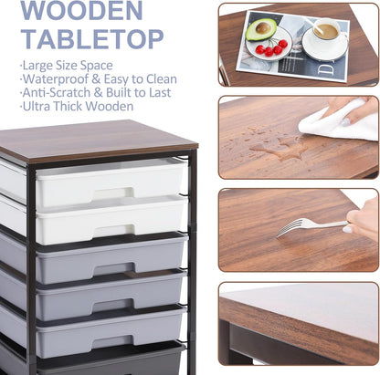 Rolling Cart with Drawers,Utility Cart with 8 Drawers and Wooden Tabletop for Living Room,Classroom,Bedroom,Bathroom,Dorm,Office,Dark Grey