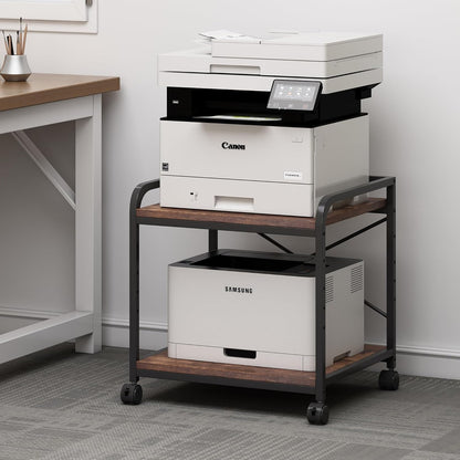 Under Desk Printer Stand, 20 Inches Deep Large Printer Table with Height Adjustable Storage Shelf, 2 Tier Rolling Printer Cart with Wheels for Home Office - Rustic Brown