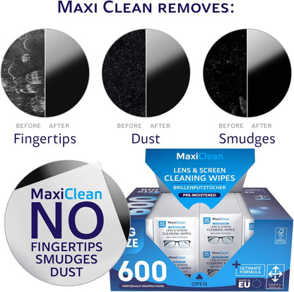 Glasses Wipes Lens Cleaner - Lens Wipes for Eyeglasses - 600 Pre-moistened Individually Wrapped Wipes for Eye Glasses, Electronics, Phone, Computer, Laptop Screen - Camera Lens Cleaner - Made in EU