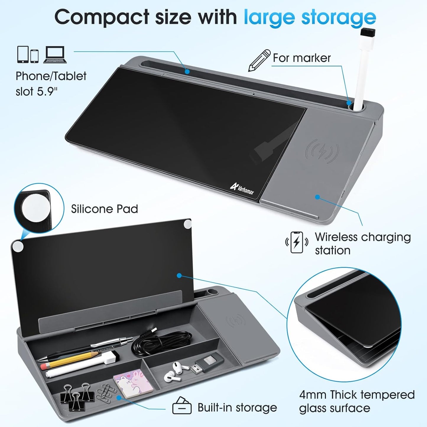 Varhomax Glass Desk Whiteboard with Wireless Charger, Desktop Organizer Dry Erase White Board with Storage, to Do List Memo Notepad for Home Office and School Supplies (Gray & Black)