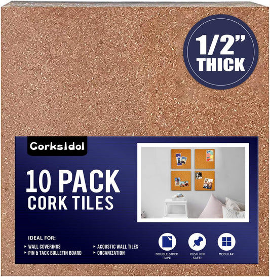 Corksidol Cork Tiles 12"x12" - 1/2" Thick -Bulletin Board-Cork Board- Ultra Strong Self Adhesive Backing for Floor/Wall/DIY-10 Pack