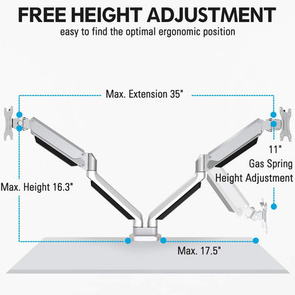MOUNTUP Dual Monitor Desk Mount, Die-Cast Aluminum Fully Adjustable Double Monitor Arm with Gas Spring, Computer Monitor Stand Fits 2 Screen 17 to 32 inch - Each Arm Holds 3.3-17.6LBS, MU0024