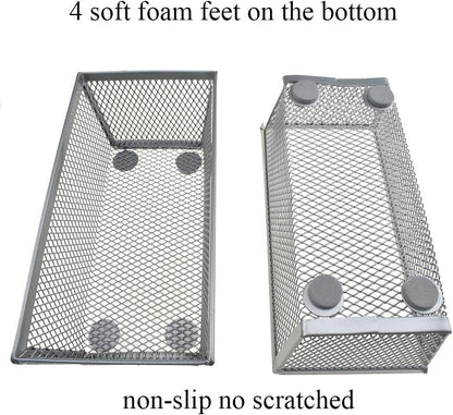 HAHIYO Stackable Mesh Tray Cup 6 x 3 x 2 inches Sturdy Container for Desk Drawer Organizer Collection for Home Office School kitchen Soft Foam Feet No Sharp Edges 2 Pack Silver