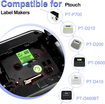 Label Tape Refills Compatible for Ptouch TZe-D31 TZ D31 Laminated Black on Green Fluorescent 1/2" 12mm for PTD200, D210 D400 D600 PTH100 H110 PTP300BT PTP700 PTP710BT, 2 Pack